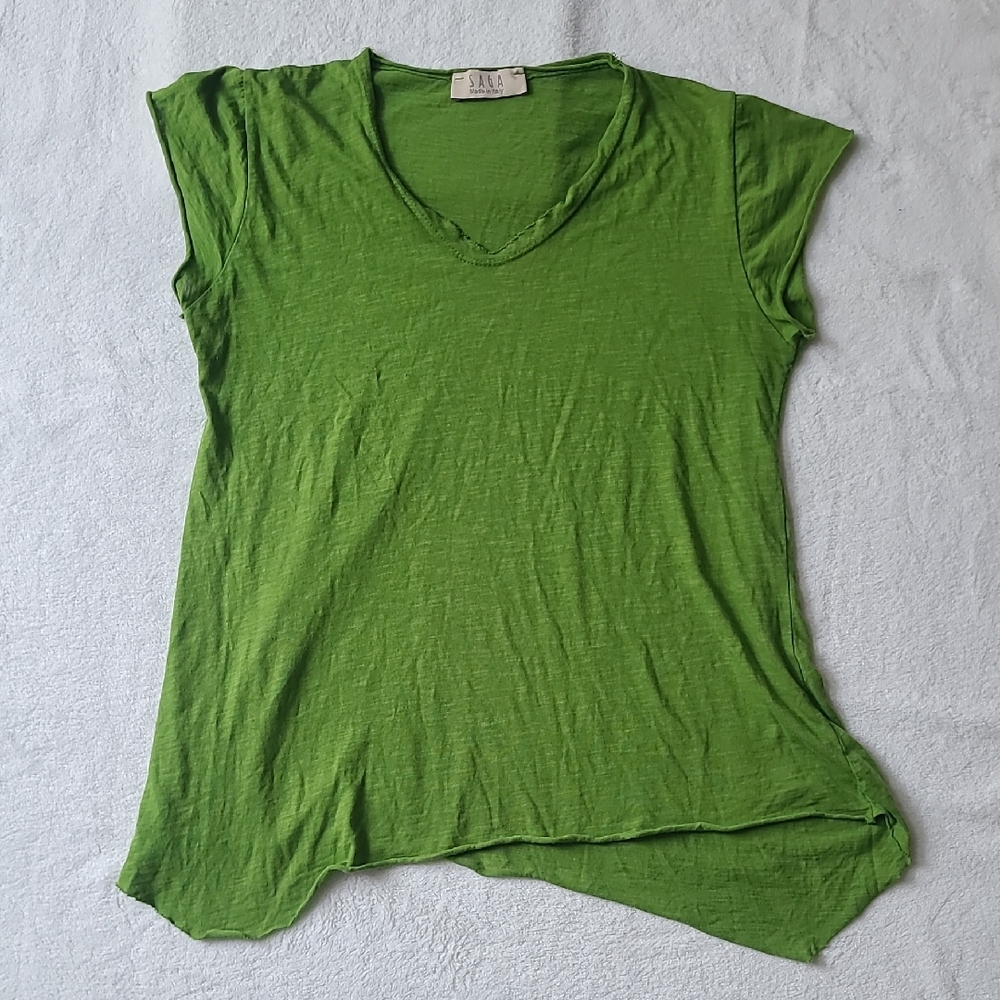 Saga Italy Medium Short Sleeve V-Neck Green Top Lagenlook Cotton Asymmetrical